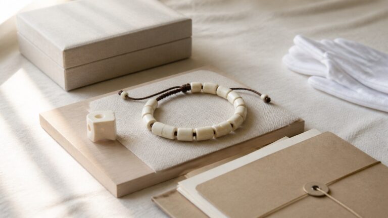 A cream animal-bone bracelet beside a closed archive box, gloves, and provenance folder.