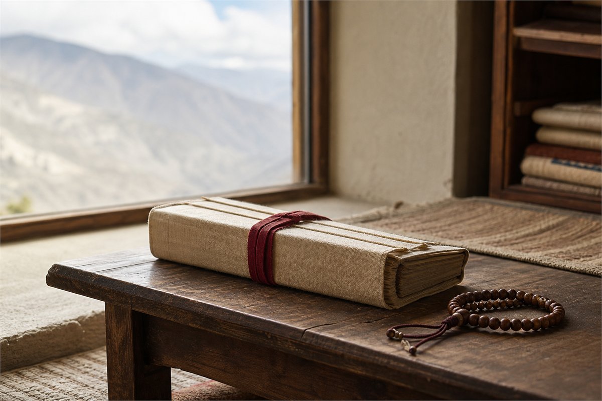Closed cloth-wrapped Tibetan Buddhist manuscript bundle and dark wooden mala on a low wood table by a mountain window