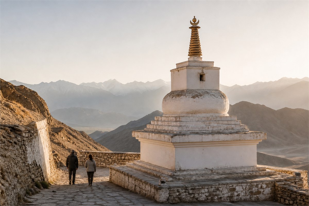 White Tibetan chorten beside a Himalayan mountain path in warm morning light