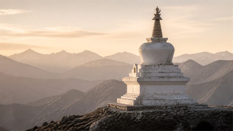 White Tibetan chorten on a quiet Himalayan ridge at warm dawn