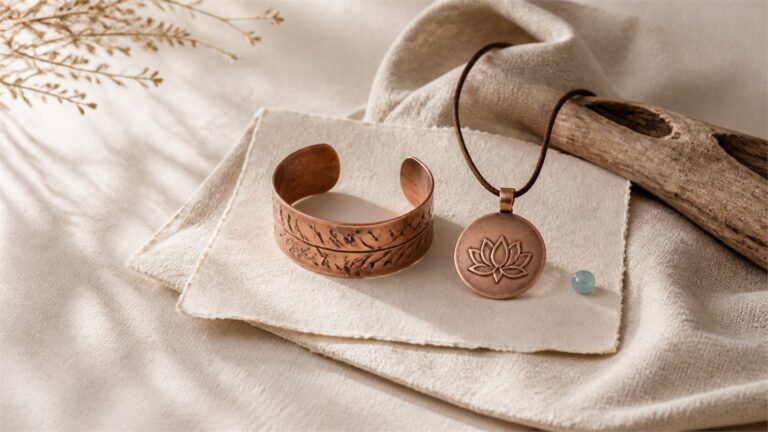 Contemporary chased copper cuff and lotus pendant on warm ivory linen