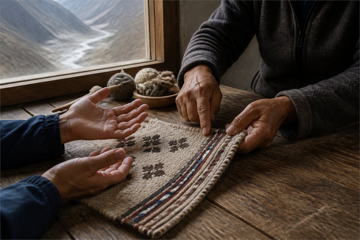 A textile maker and visitor discussing a handwoven wool piece across a wooden worktable