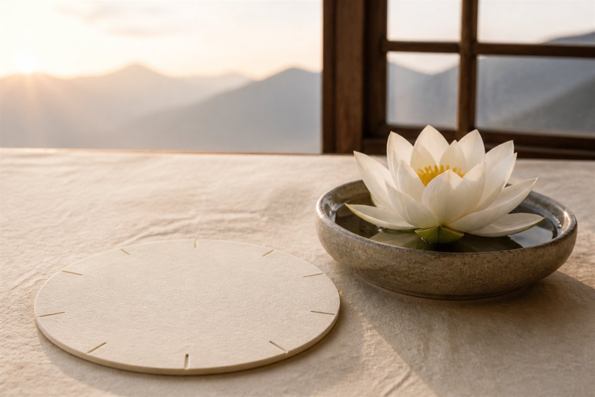 Pink lotus beside a blank circular lunar calendar marker on a warm wooden table