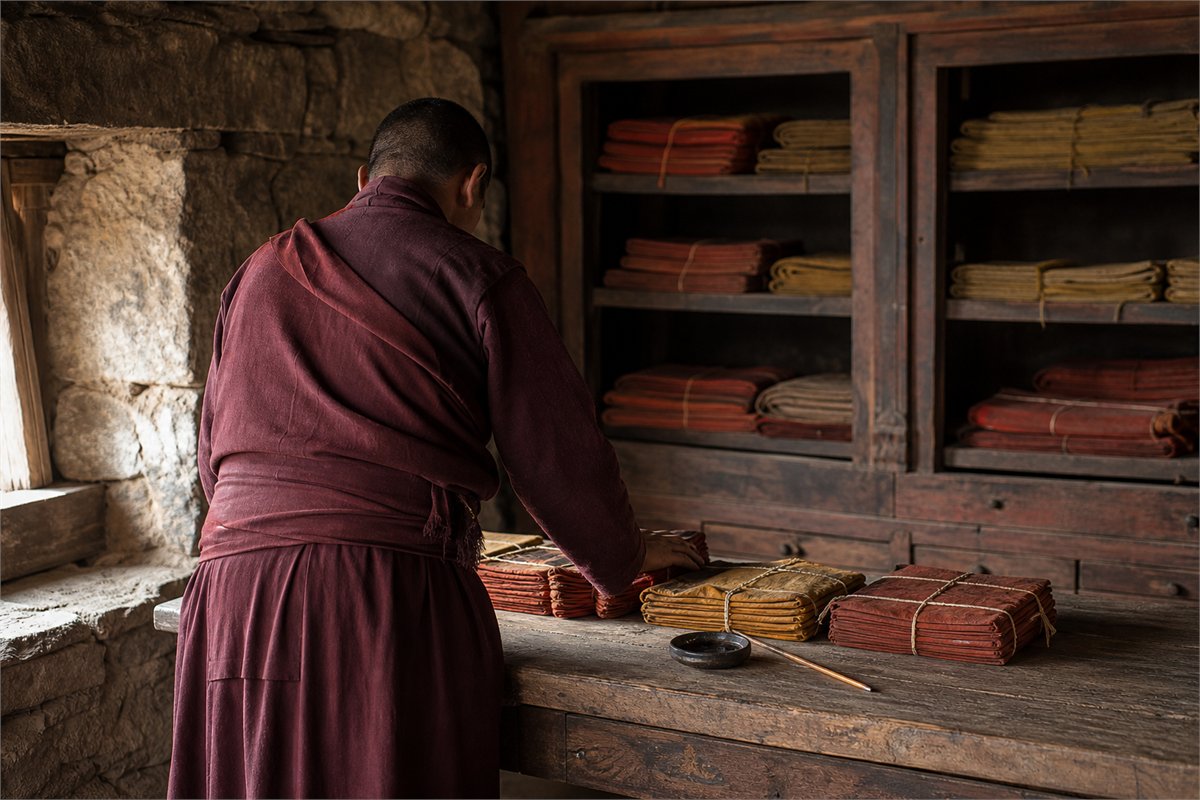 Robed adult seen from behind organizing closed cloth-wrapped manuscript bundles in a stone and timber room