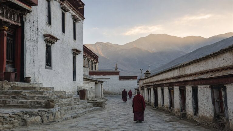 Tibetan Himalayan monastery courtyard with robed community members walking beneath mountain peaks at morning