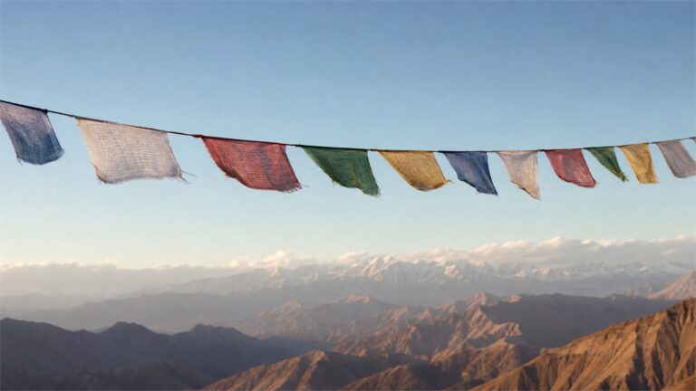 Weathered blue, white, red, green and yellow prayer flags above a Himalayan mountain landscape