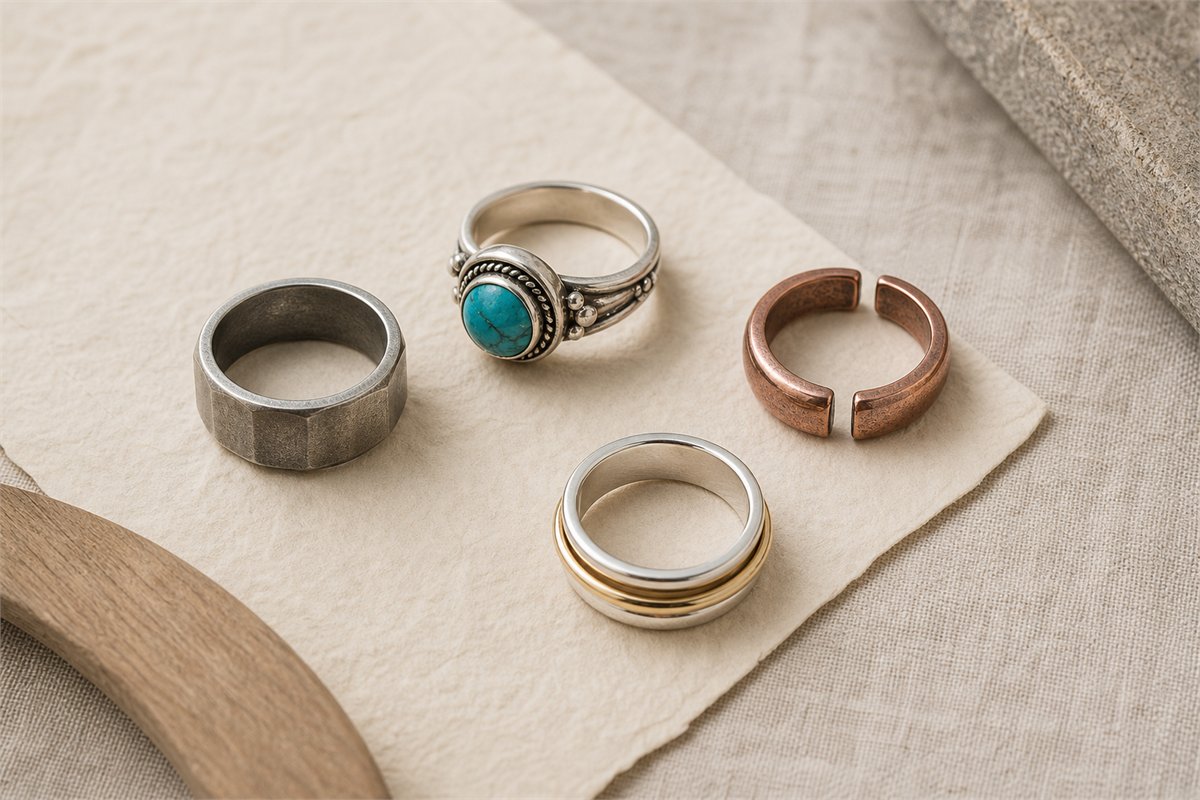 Four wearable ring designs including a wide band, turquoise bezel ring, open copper ring, and spinner ring
