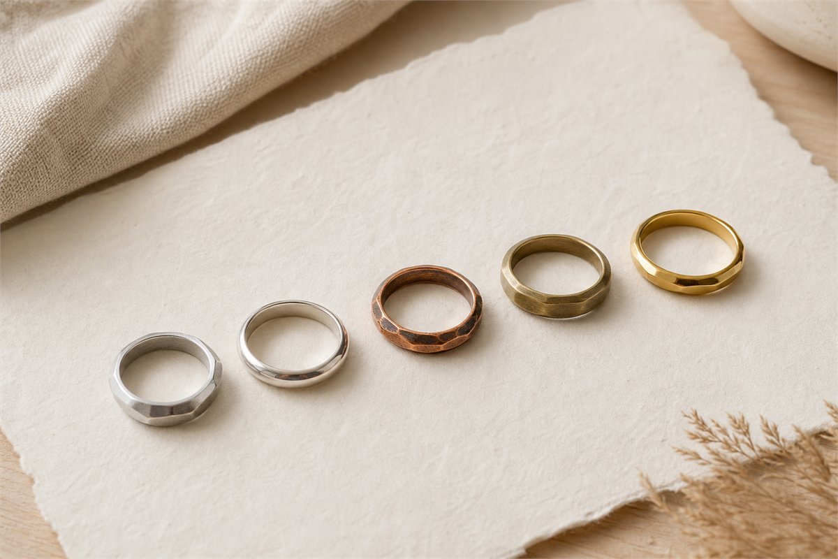 Five plain rings showing cool silver, bright silver, copper, brass, and gold-plated color differences