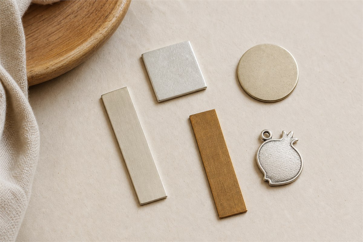 Five separate silver-colored and copper-alloy jewelry blanks on ivory paper