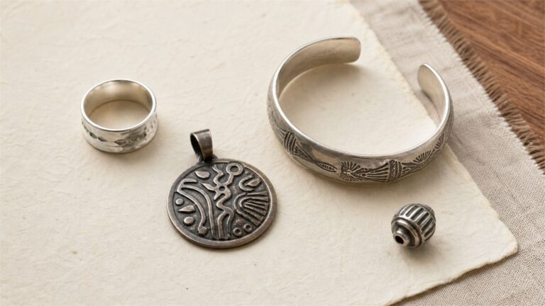 Tibetan-inspired ring, pendant, cuff, and bead showing different silver-colored metal finishes