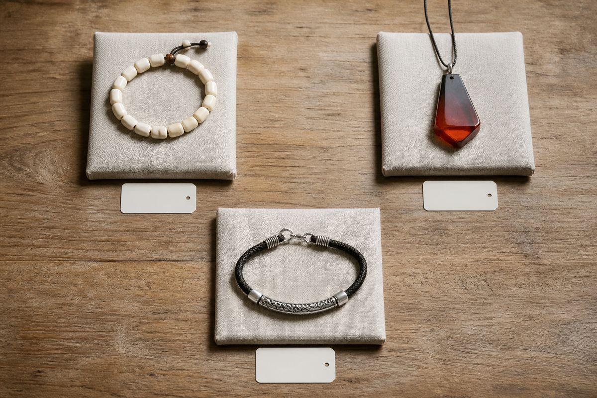 Three separate contemporary jewelry samples displayed on individual neutral pads.