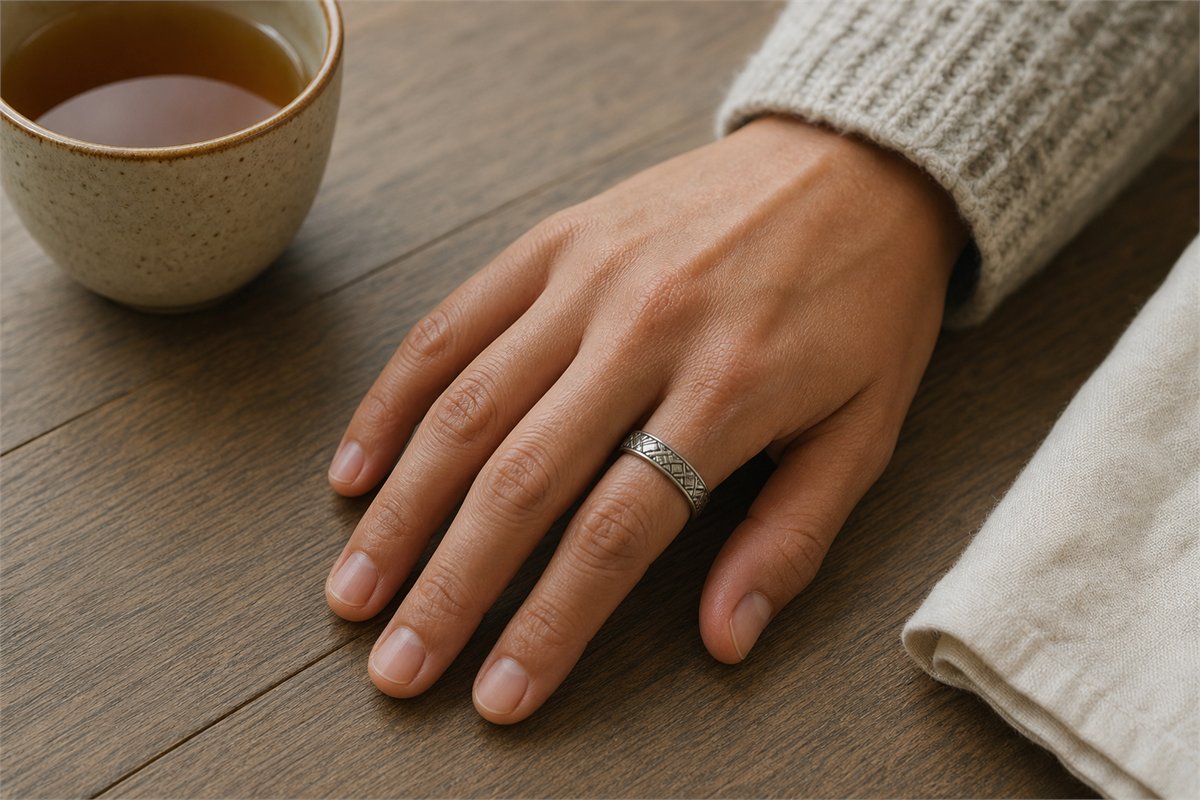 Adult hand wearing a medium-width silver-toned geometric ring beside a ceramic tea cup and ivory linen