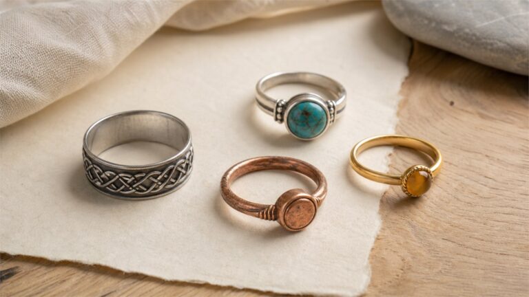 Four contemporary Tibetan-style rings in oxidized silver, copper alloy, turquoise, and amber-toned finishes