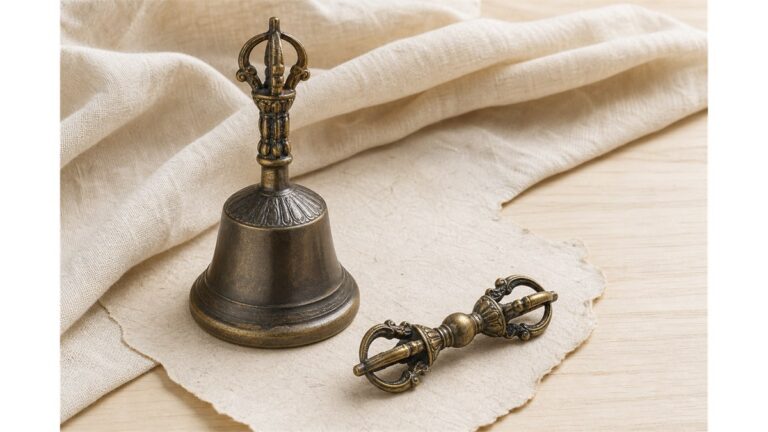 Bronze Tibetan vajra bell standing beside a matching dorje on ivory linen