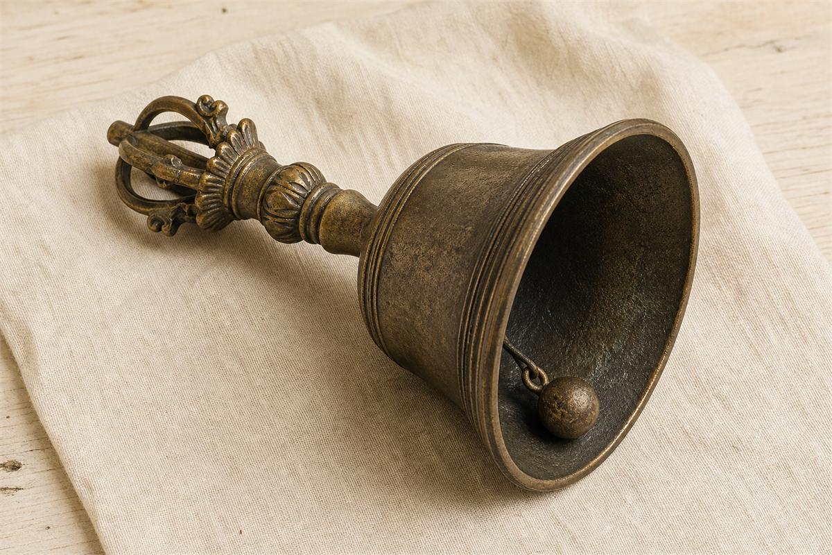 Close view into a bronze Tibetan vajra bell showing its rim, internal clapper, body, and handle