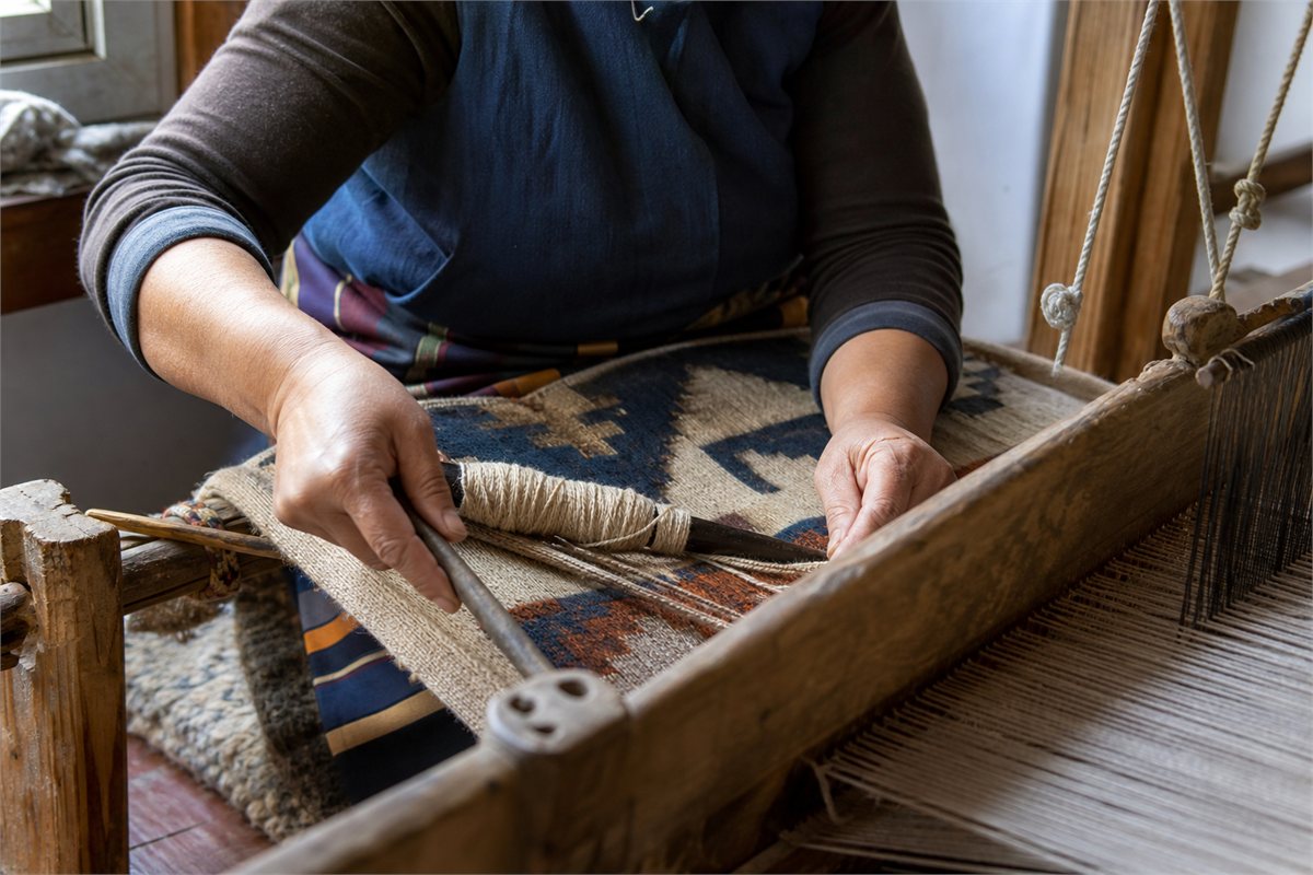 An artisan's hands weaving patterned wool on a wooden loom in natural window light