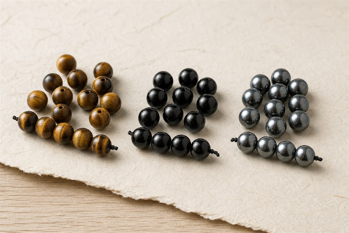 Separate groups of tiger’s eye, black obsidian and hematite bracelet beads