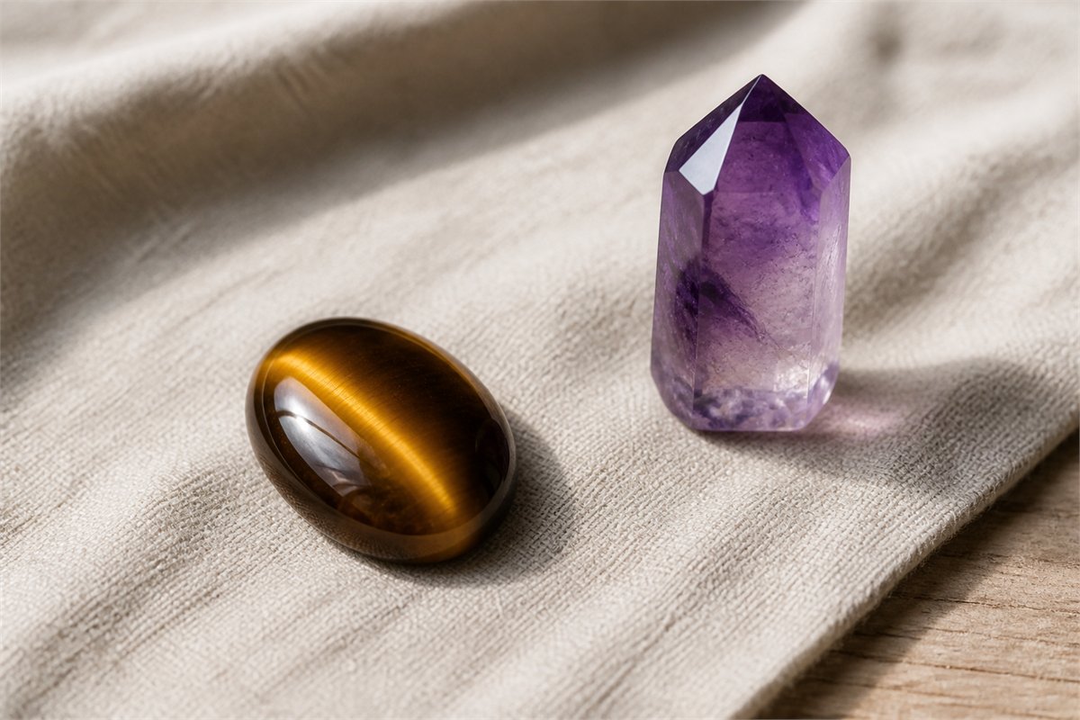 Golden-brown tiger’s eye cabochon beside a violet amethyst crystal.