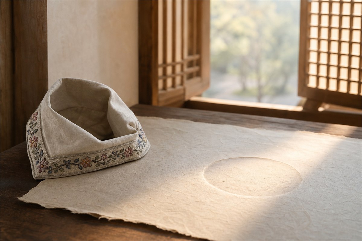An empty flower-trimmed cap beside a clear circular space on handmade paper in dawn light
