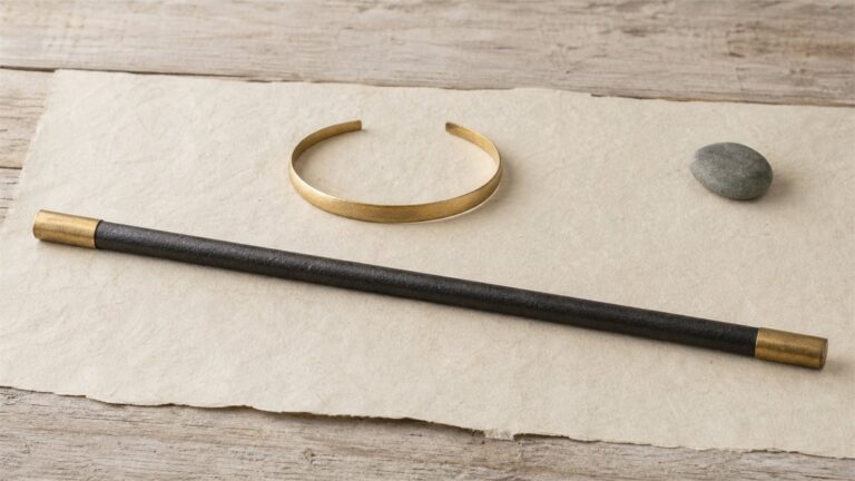 A simple metal Tight-Fillet beside a dark iron staff with golden end hoops on handmade paper
