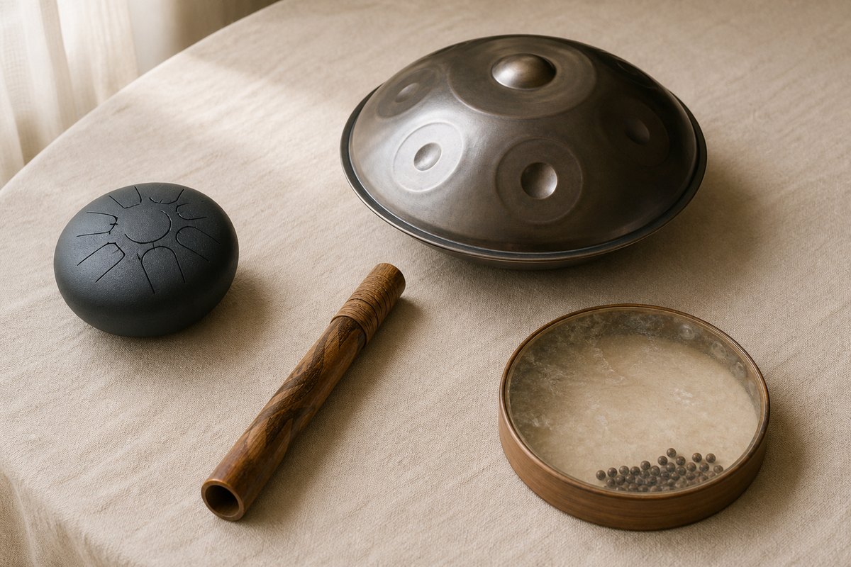 Steel tongue drum, handpan, wooden rainstick, and ocean drum arranged separately on linen