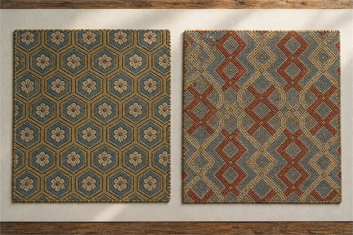 Two woven swatches showing a hexagonal floral lattice and an interlocked double-lozenge repeat