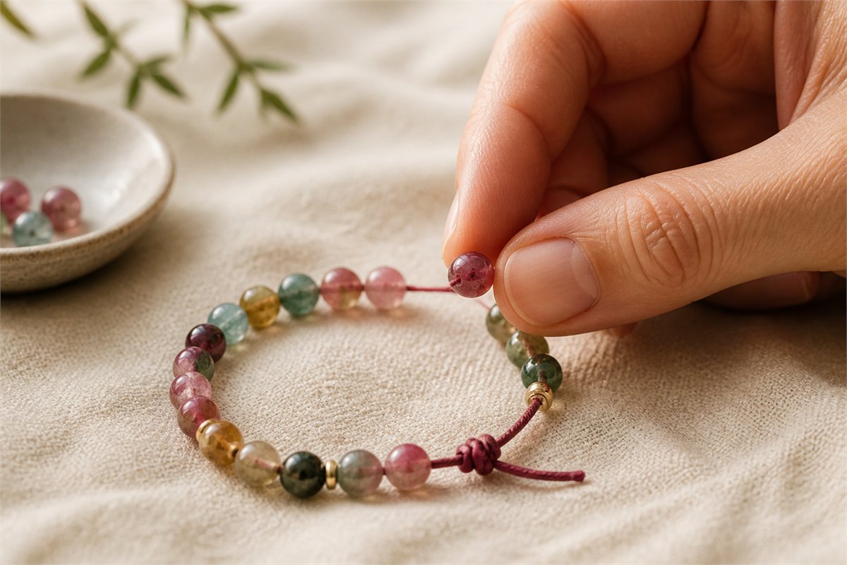 Hand inspecting a drilled multicolor tourmaline bead on a corded bracelet
