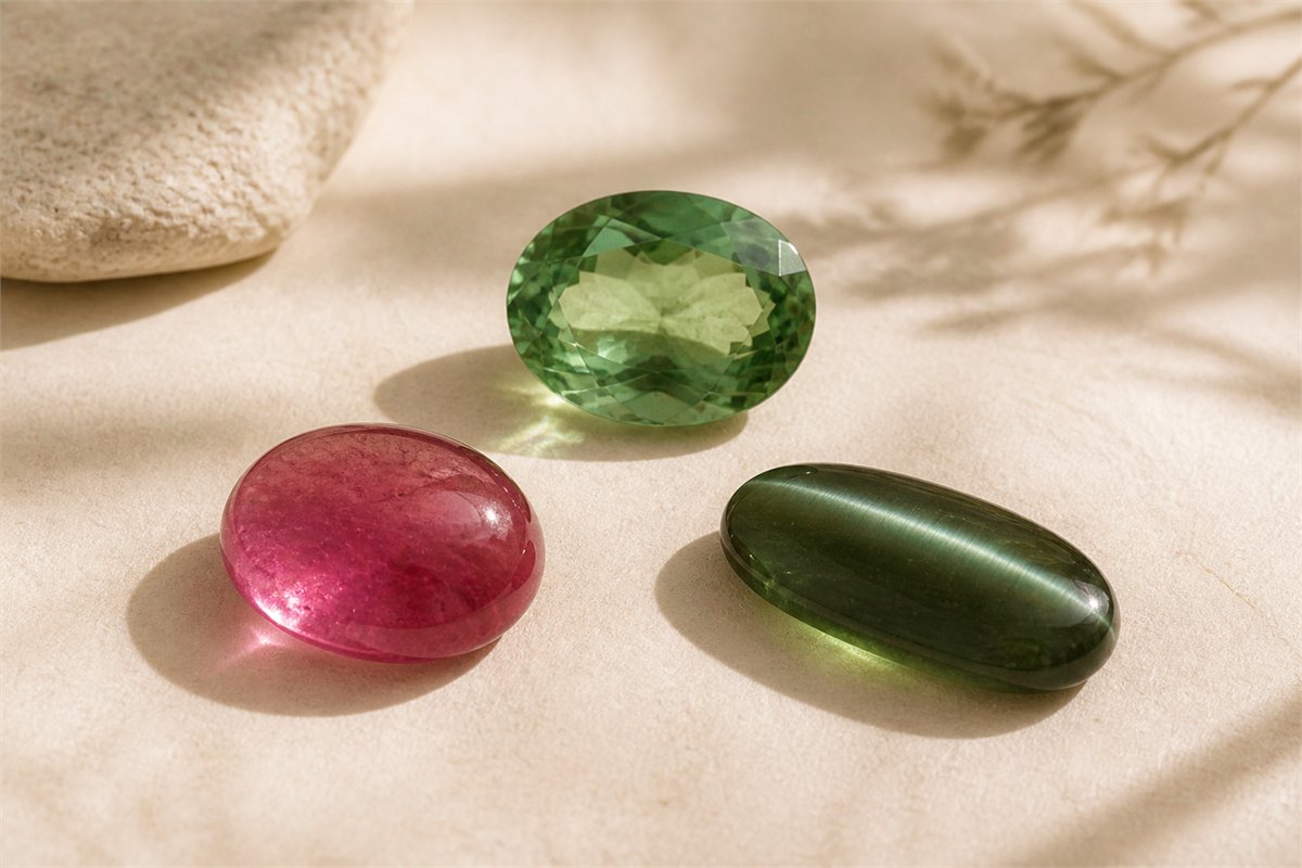 Green faceted tourmaline, pink cabochon and green cat's-eye cabochon
