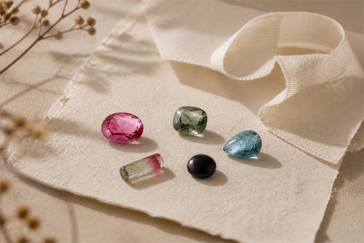 Five tourmalines in pink, green, blue, black and bi-color on ivory paper