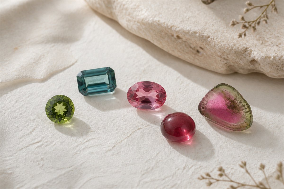 Five tourmalines in brilliant, step, mixed, cabochon and freeform cuts