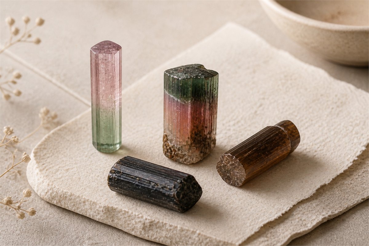 Four natural prismatic tourmaline crystals in multicolor, brown and black