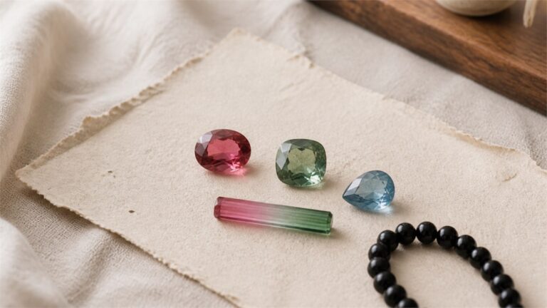 Pink, green, blue, bi-color and black tourmaline arranged on ivory paper