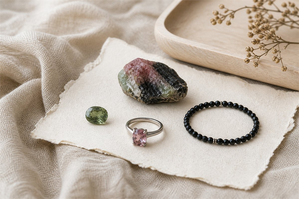 Loose green tourmaline, pink ring, black bead bracelet and multicolor crystal specimen