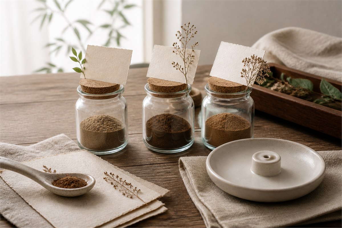 Small botanical incense material samples arranged with plain sourcing notes and no branding