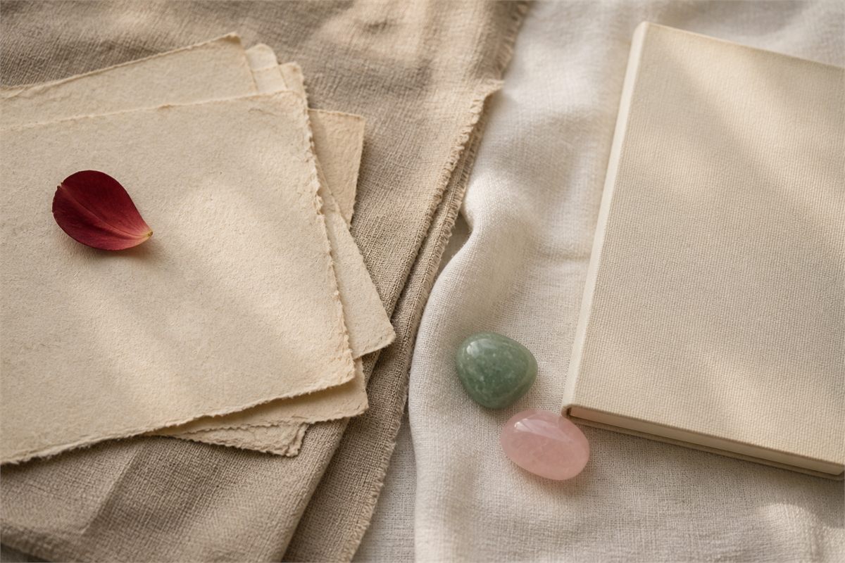 Handmade paper, a natural flower, and pink and green stones arranged as two related visual groupings