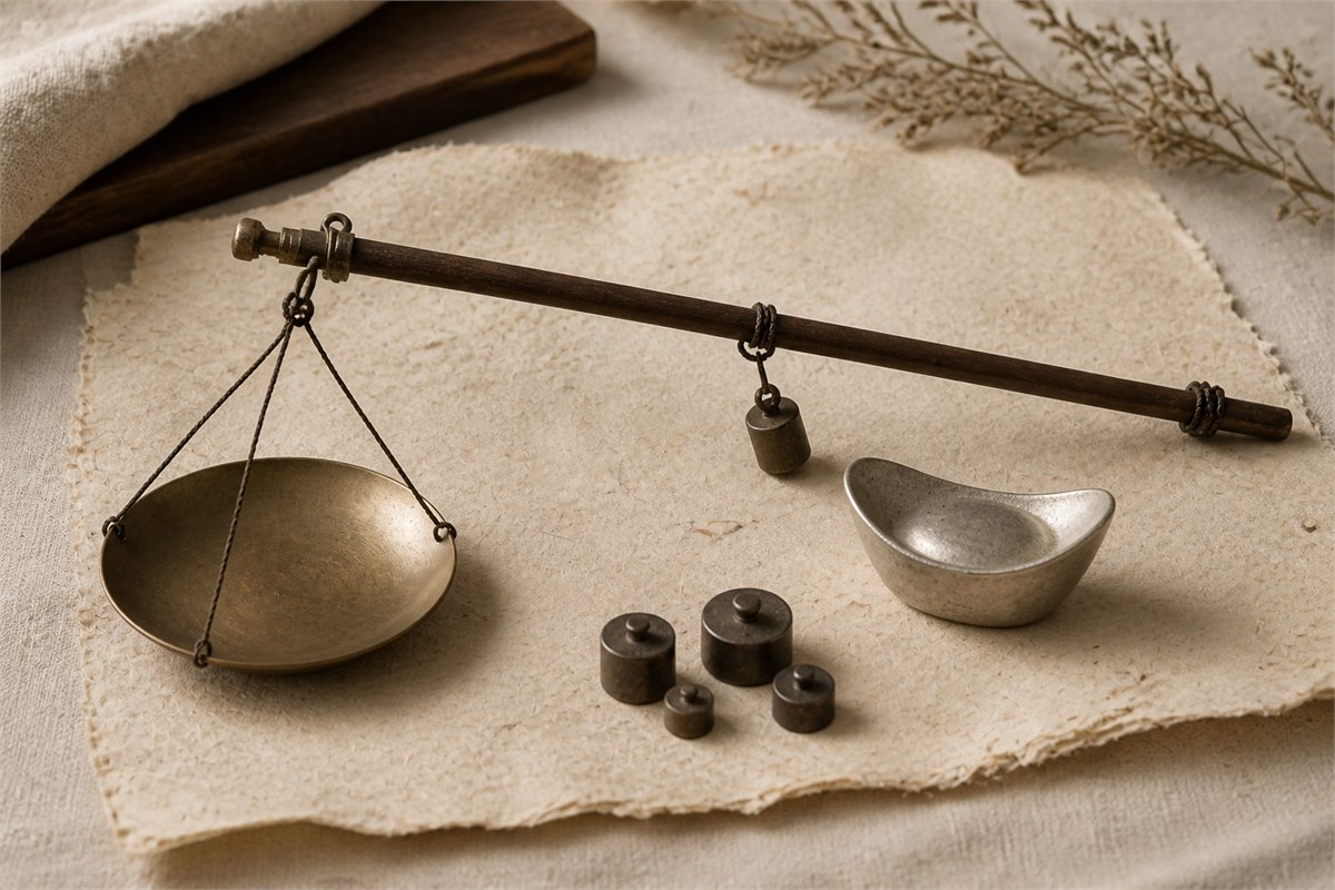 Traditional beam balance with an unlabeled counterweight and a plain boat-shaped sycee on handmade paper