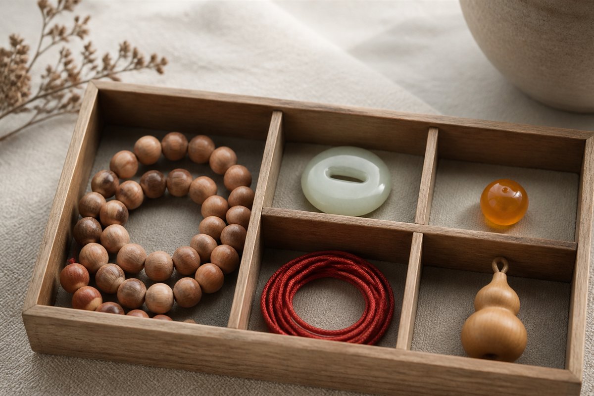 Peach wood beads, pale jade pendant, amber bead, red cord, and a small gourd charm arranged in separate groups.