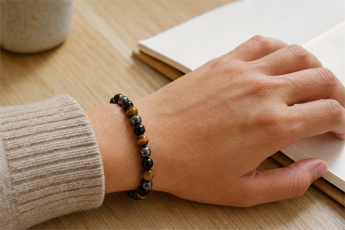 Adult wrist wearing a tiger’s eye, black obsidian and hematite bracelet beside a notebook