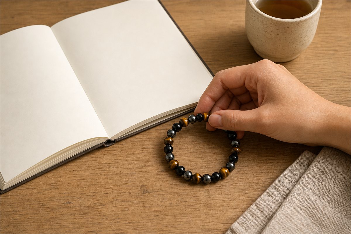 Hand placing a tiger’s eye, black obsidian and hematite bracelet beside a blank notebook