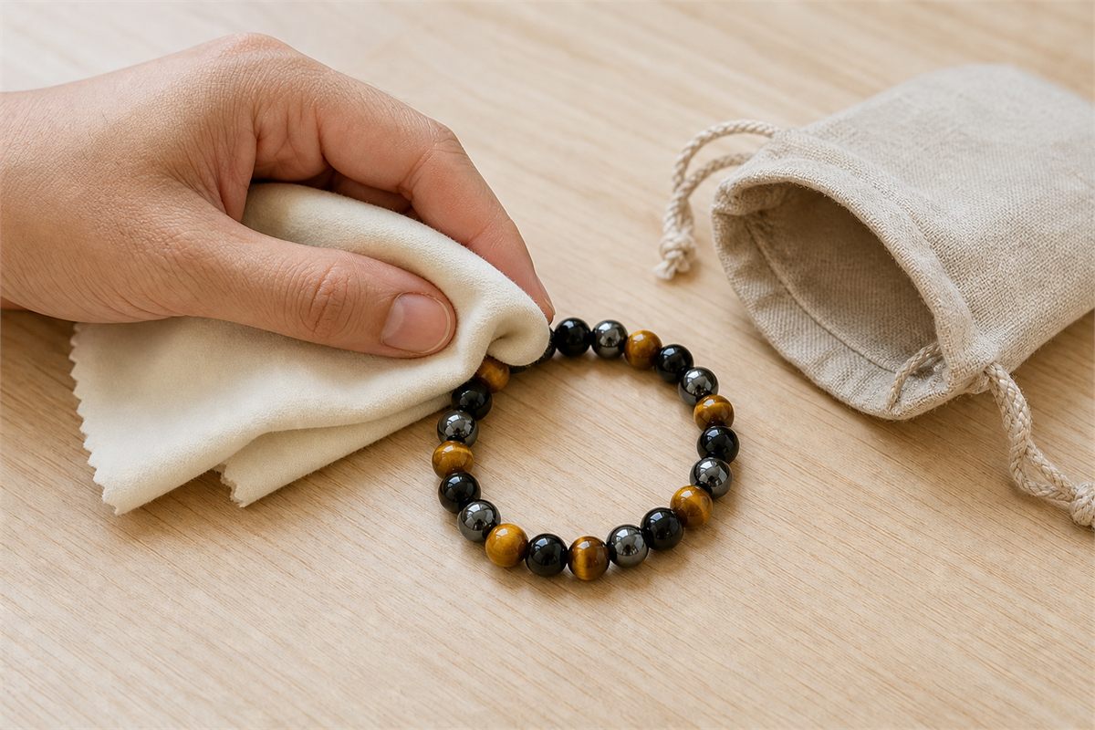 Hand wiping a tiger’s eye, black obsidian and hematite bracelet with a dry soft cloth beside a fabric pouch