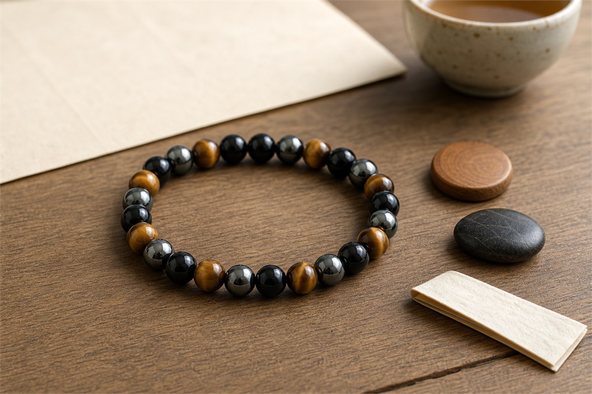 Mixed tiger’s eye, black obsidian and hematite bracelet on a quiet wooden desk