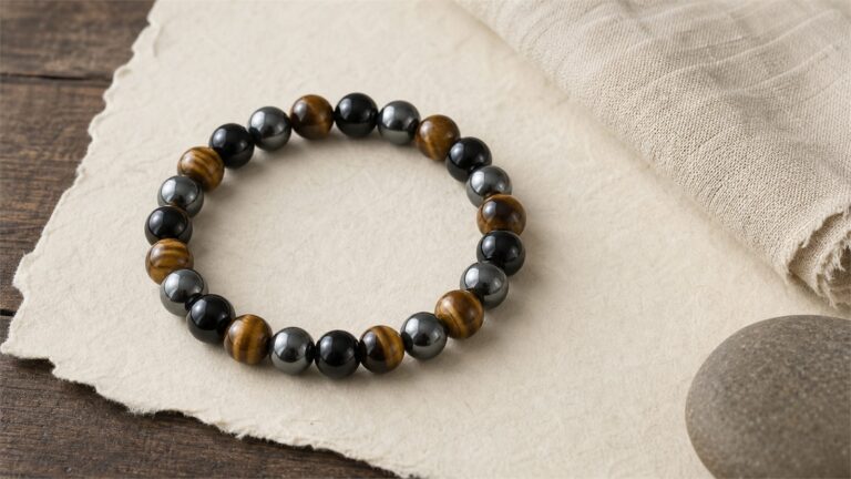 Tiger’s eye, black obsidian and hematite bracelet arranged on warm handmade paper