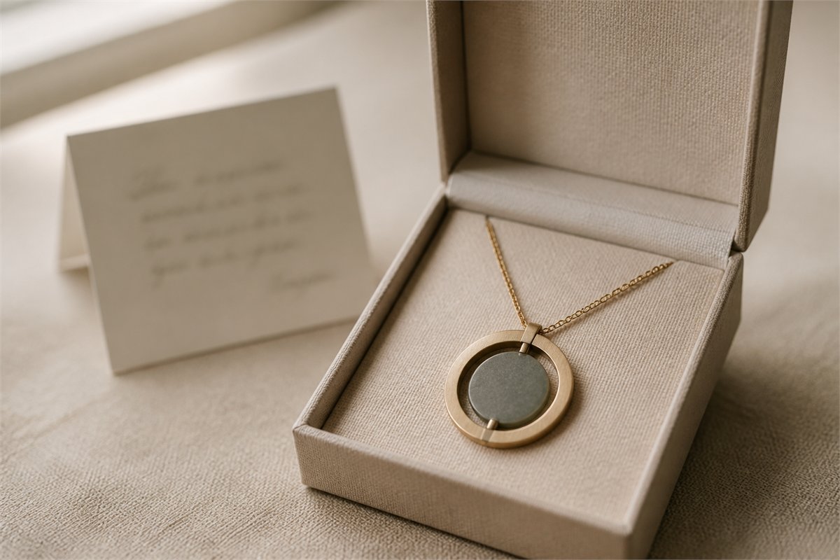 Two-pivot moving-center pendant presented in an ivory linen gift box