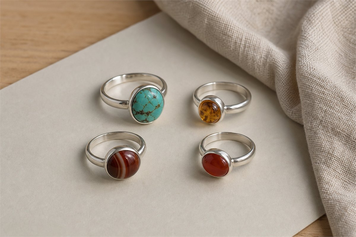 Four silver-toned bezel rings set with turquoise, amber, banded agate, and red glass cabochons