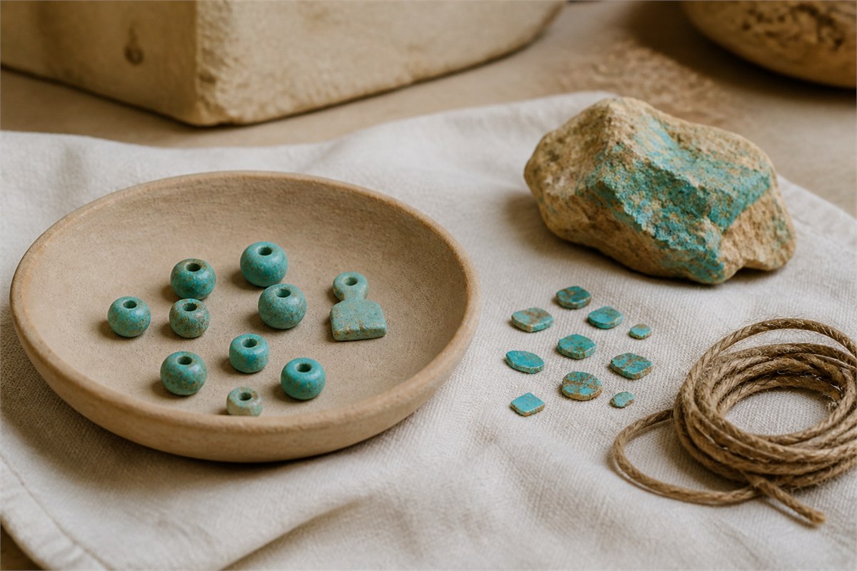 Turquoise beads, small plain amulet, inlay fragments, raw stone, and fiber cord on linen