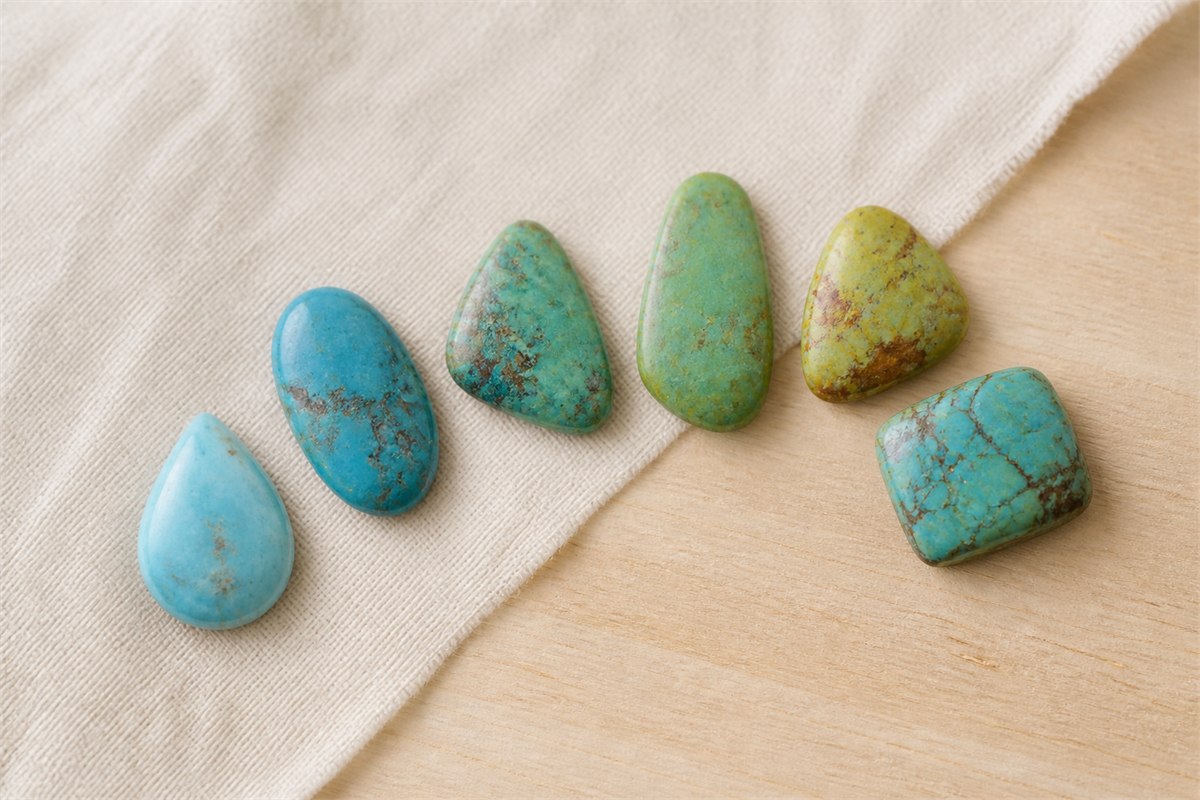 Six turquoise cabochons ranging from pale blue to green and yellow-green with varied matrix