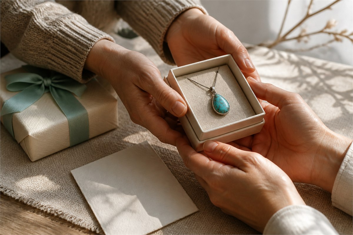 Hands exchanging a gift box containing a turquoise pendant on warm neutral linen