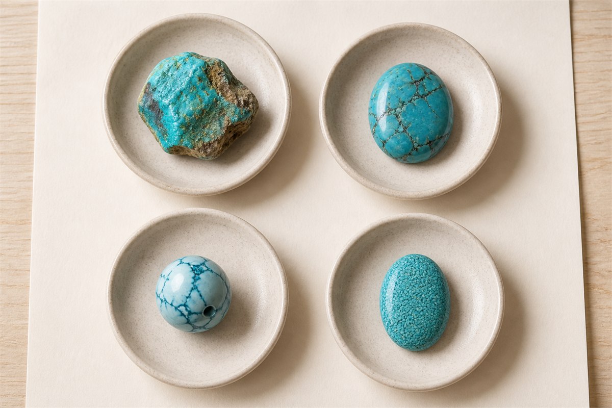 Four ceramic dishes holding turquoise rough, a polished cabochon, a pale blue imitation bead, and a granular composite cabochon