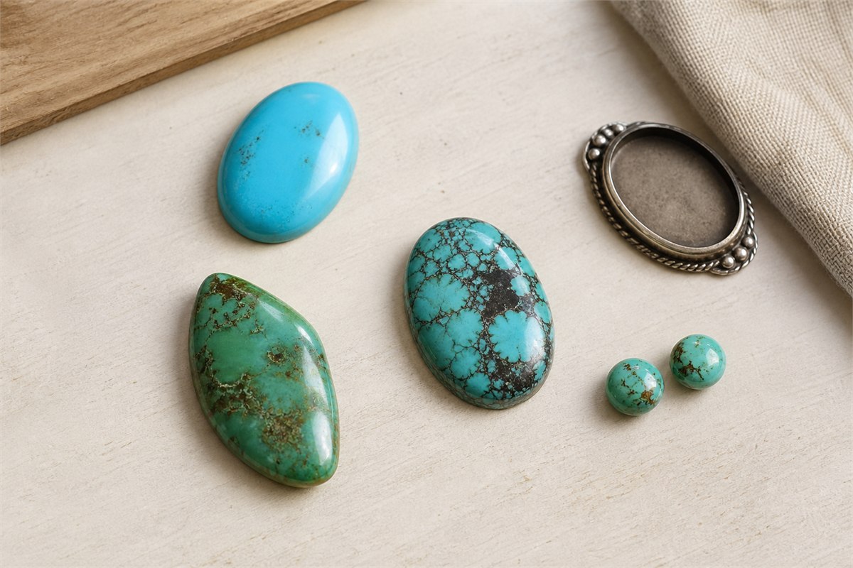 Blue, green, and matrix turquoise cabochons with matched beads and an empty silver bezel
