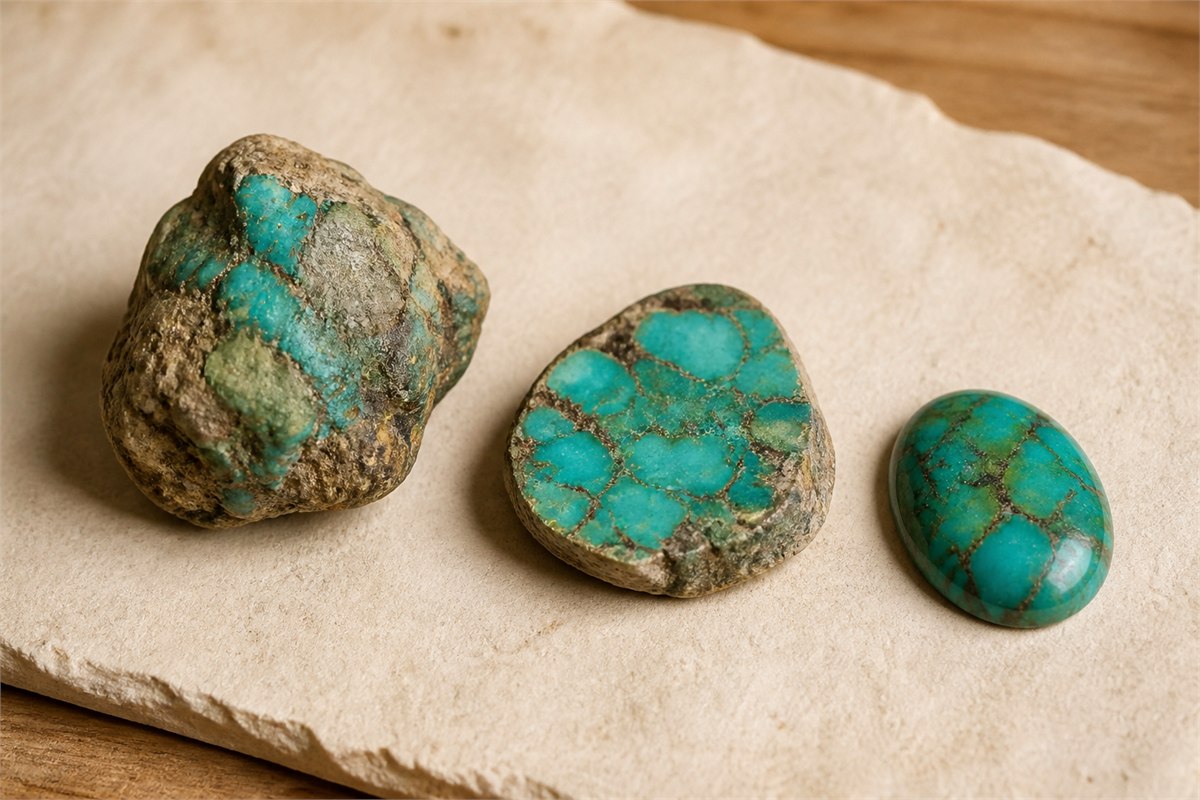 Turquoise-bearing rock, sliced blue-green seam, and polished oval cabochon